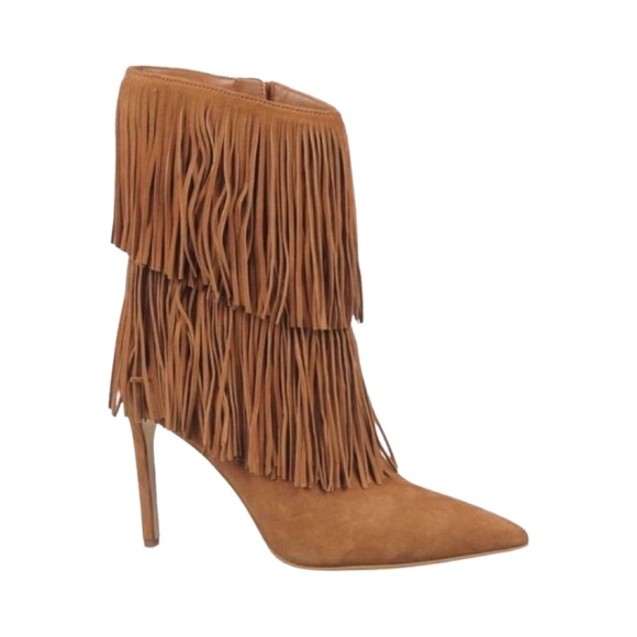 Sam Edelman Belinda Suede Fringe Pointed Toe Stiletto Boots Tan Size 8 - Picture 1 of 2